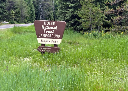 Sign for Boise National Forest Campground at Rainbow Point, surrounded by green grass and trees.